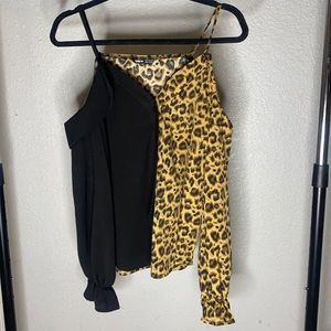 Leopard Panel Cold Shoulder Spliced Blouse